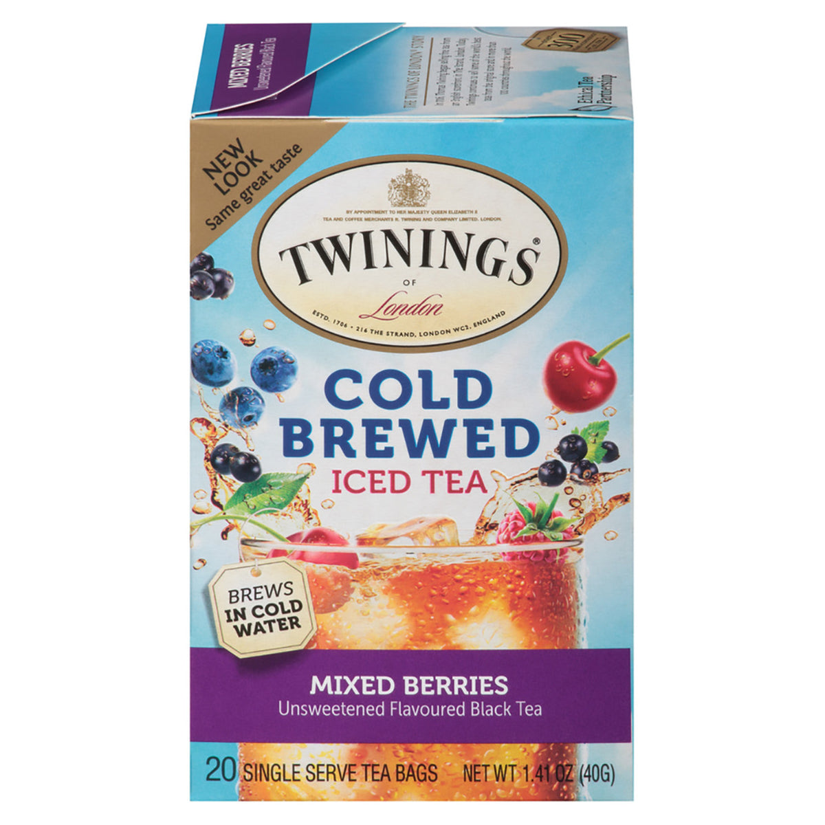 Box of Twinings Cold Brewed Iced Tea with Mixed Berries flavor on a white background