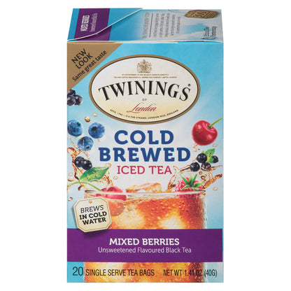 Box of Twinings Cold Brewed Iced Tea with Mixed Berries flavor on a white background