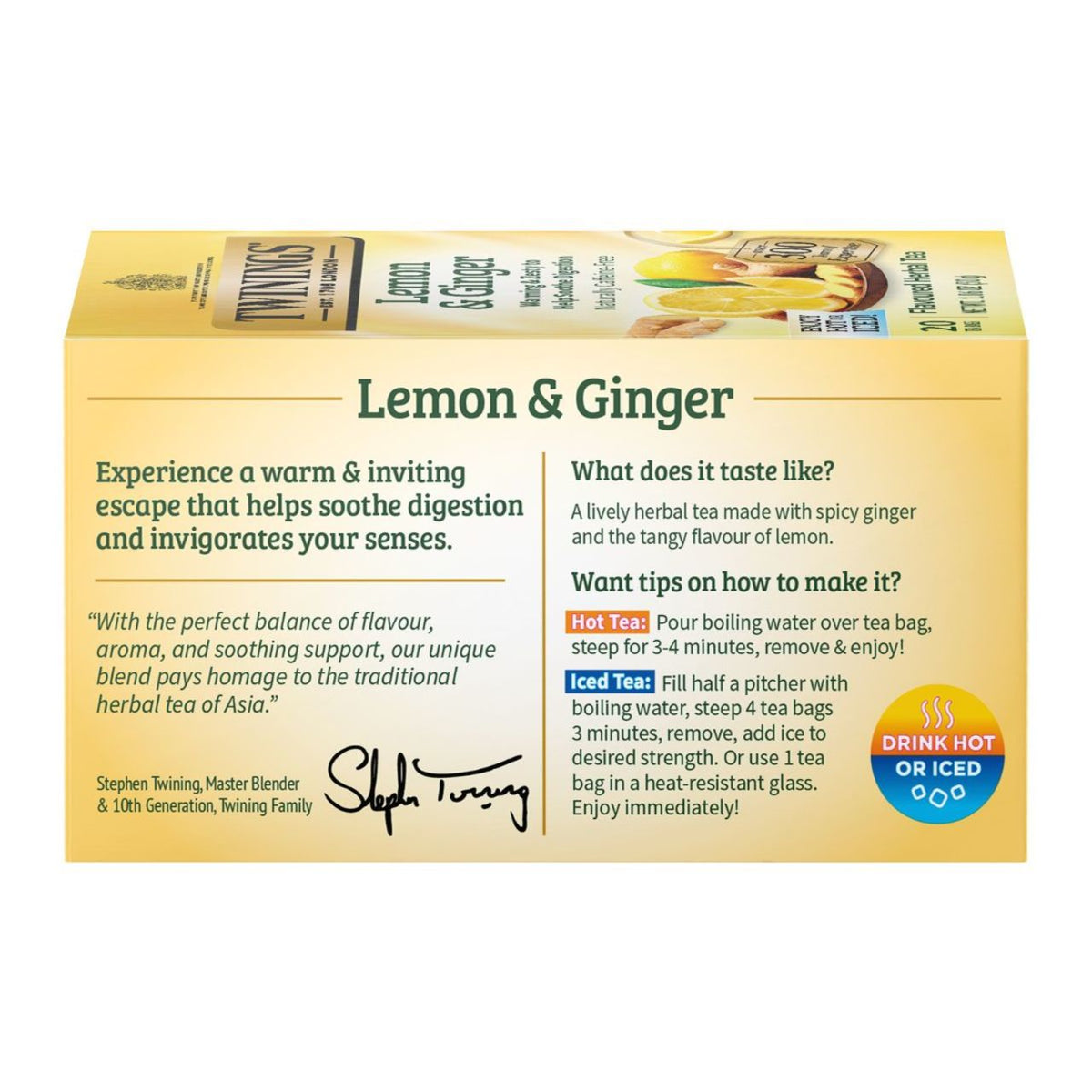 Tea box packaging for Lemon & Ginger tea with branding and instructions.