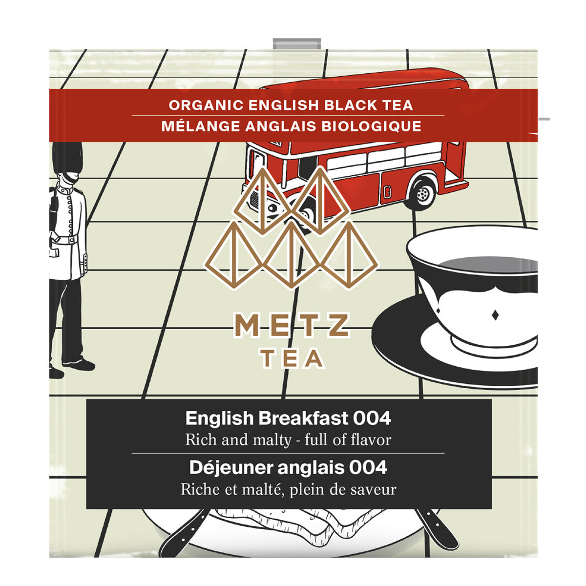 M-E-T-Z Tea packaging with a British theme, including a red bus and tea cup illustration.