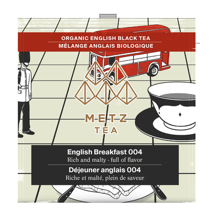 M-E-T-Z Tea packaging with a British theme, including a red bus and tea cup illustration.