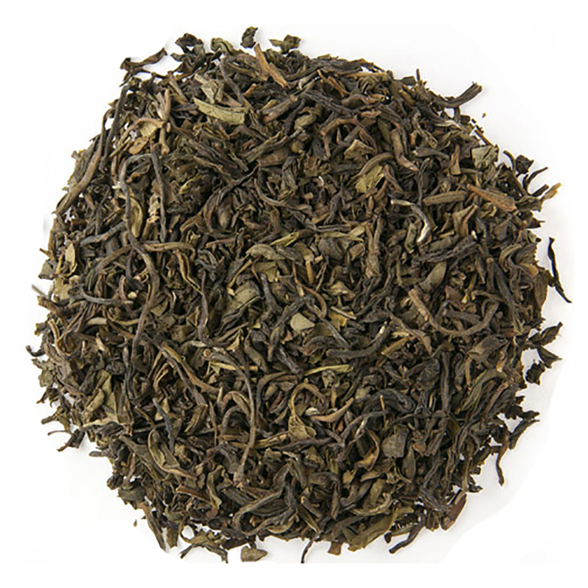 Pile of dry green tea leaves on a white background