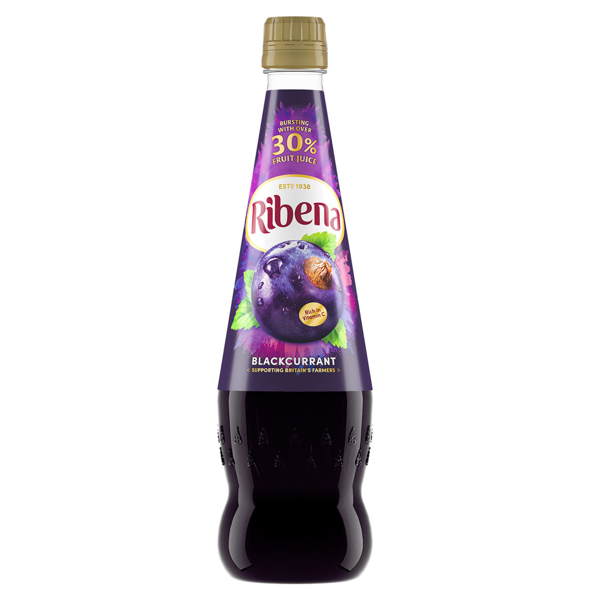 Ribena blackcurrant juice bottle on a white background
