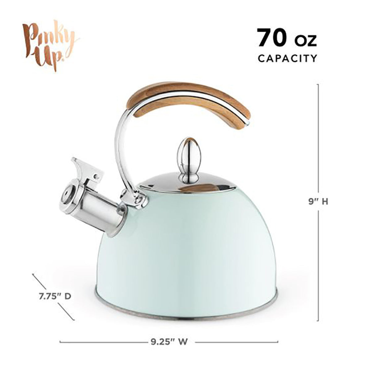 Light blue teakettle with a wood handle on a white backdrop with dimension callouts and measurements