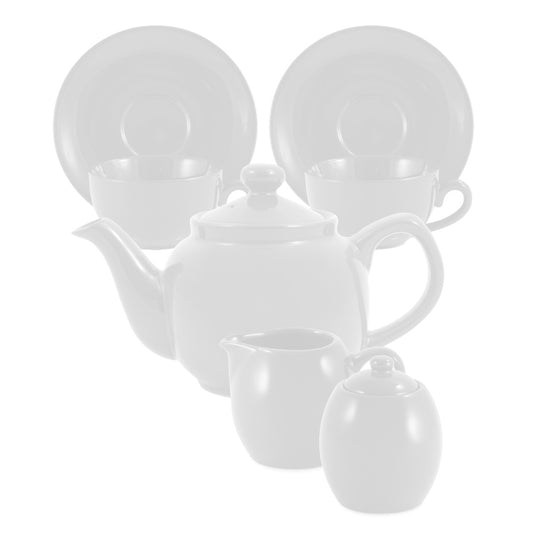 White ceramic teapot set with cups and a milk jug on a white background