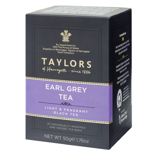 Box of Taylors of Harrogate Earl Grey tea on a white background