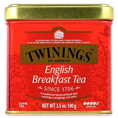 Twinings English Breakfast Tea red can with gold lid on a white background