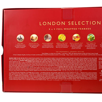 Back side of red London Selection box featuring ingredients listing and images to represent the blends