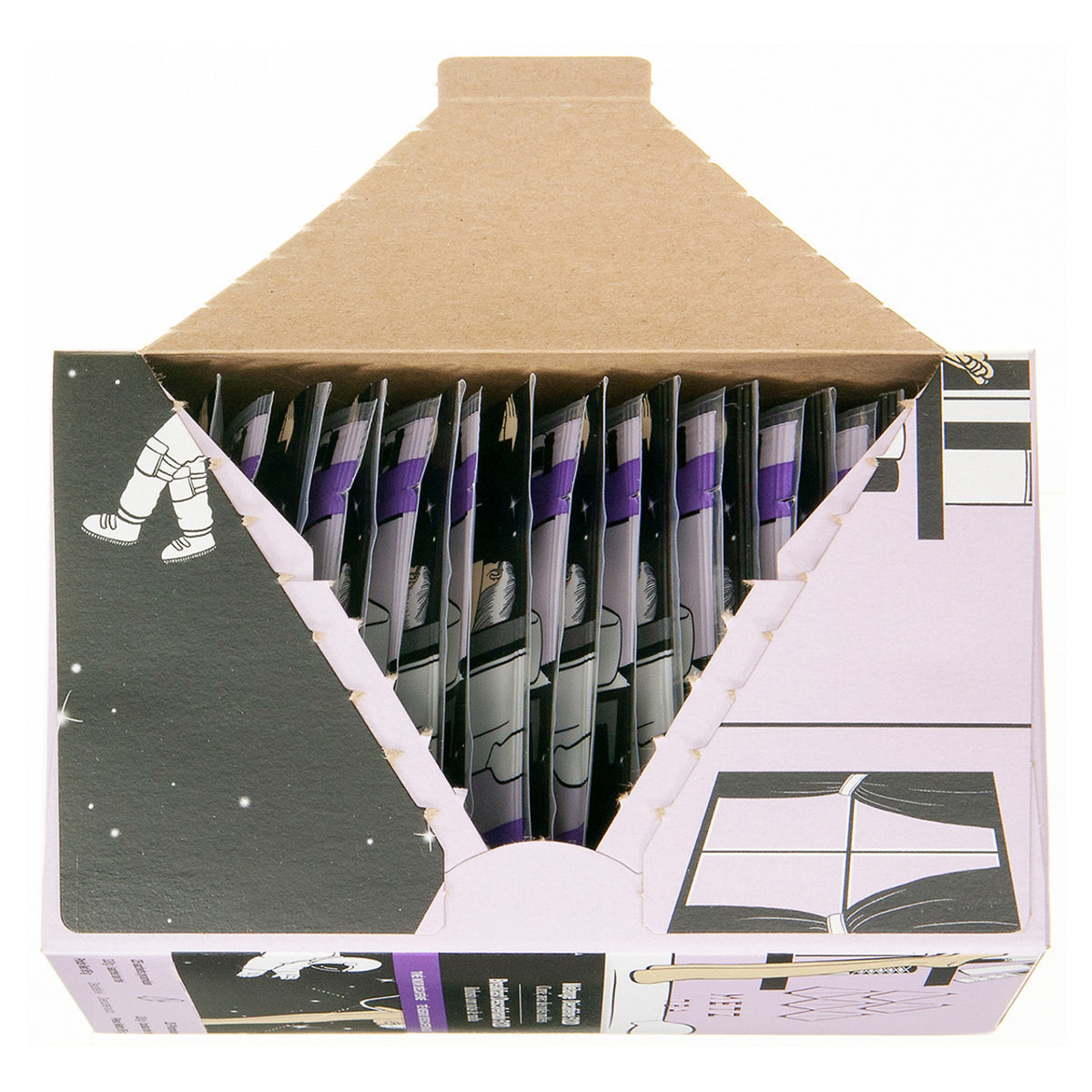 Tea box package opened showing the individual teabags wrapped.  Box is a purple hue color featuring black drawings one of which is a window with curtains.  