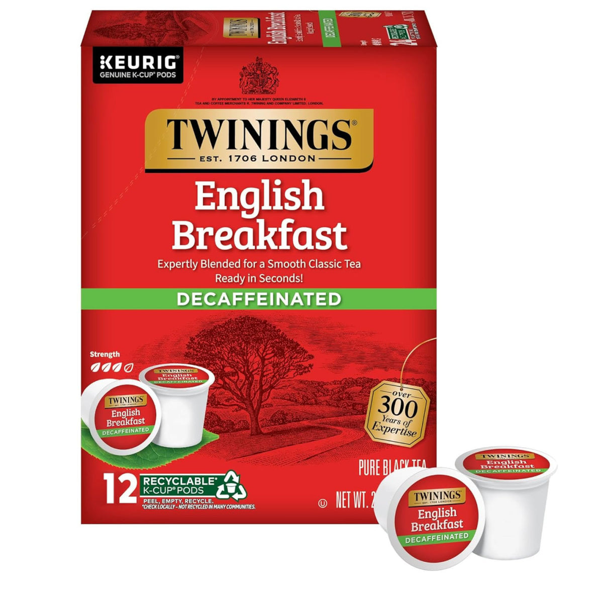 Twinings English Breakfast Decaffeinated K-Cup pods packaging on a white background