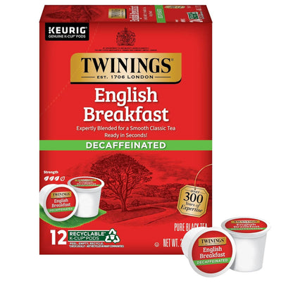 Twinings English Breakfast Decaffeinated K-Cup pods packaging on a white background