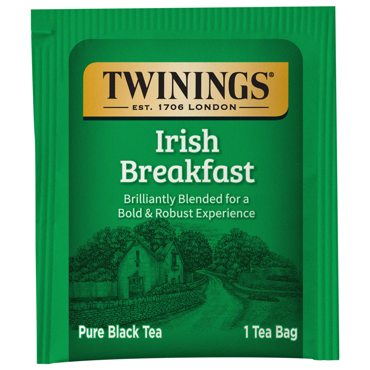 Twinings Irish Breakfast Tea single green packet on a white background