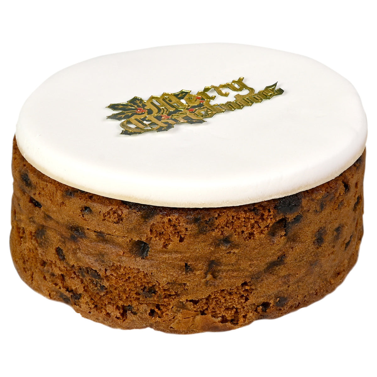 Christmas pudding with a white icing featuring a decorative logo on a white background