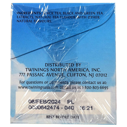Tea package with blue background and white text displaying distribution details and best before date.