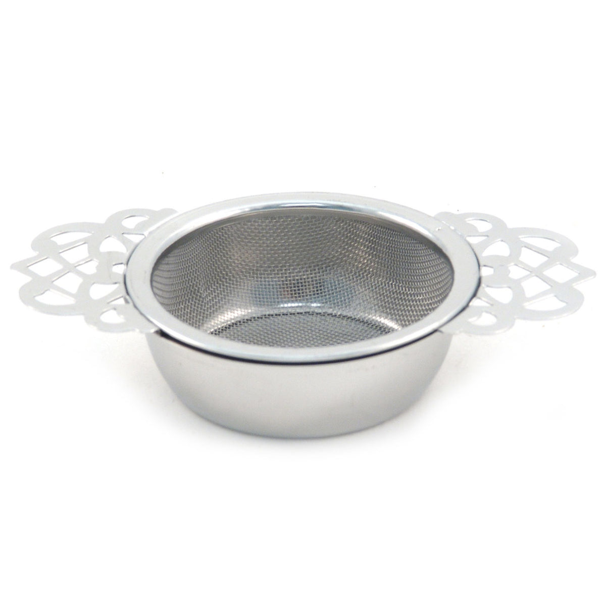 Stainless steel tea strainer with decorative rim on a white background