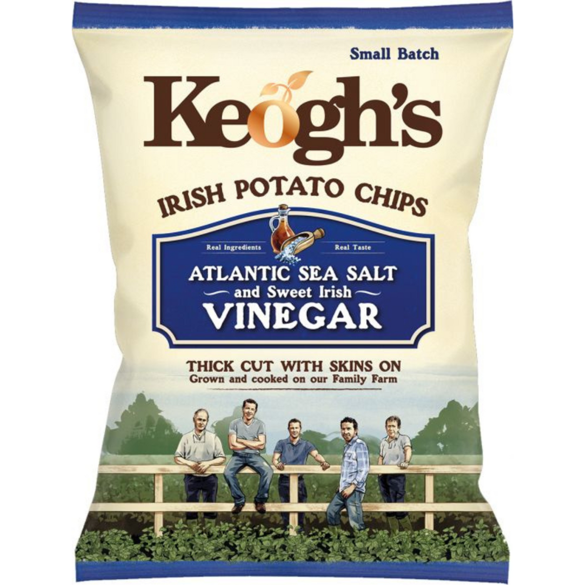 Keogh's Irish Potato Chips packaging with Atlantic Sea Salt and Sweet Irish Vinegar flavor on a white background.
