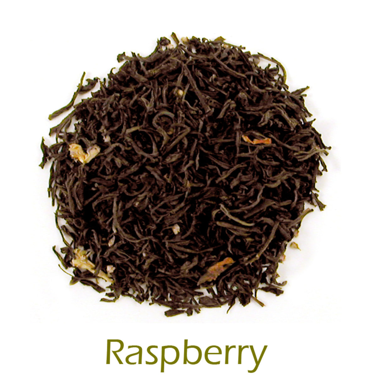 Raspberry-flavored black tea leaves on a white background with the text "Raspberry" below