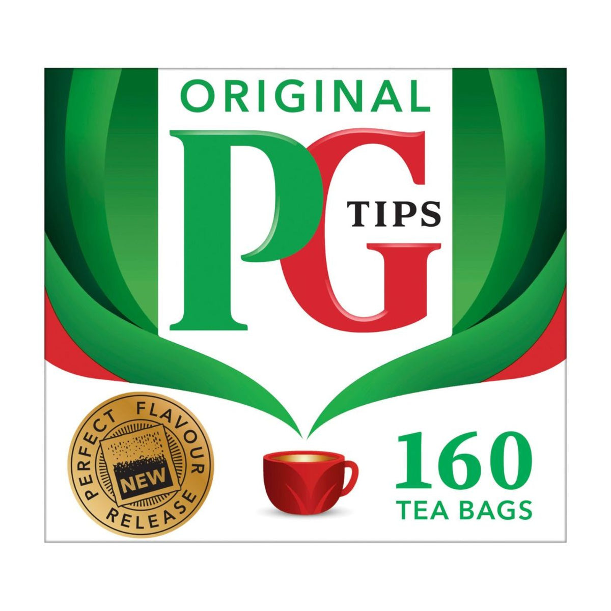 PG Tips tea packaging with a red cup illustration and '160 Tea Bags' text on a white background.