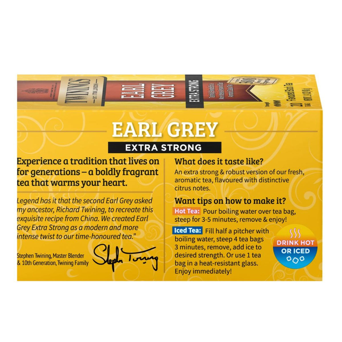 Box of Earl Grey tea with branding and text on a yellow background