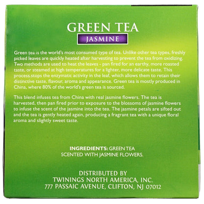 Green box of Twinings Jasmine Green Tea with product description and ingredients listed in white.