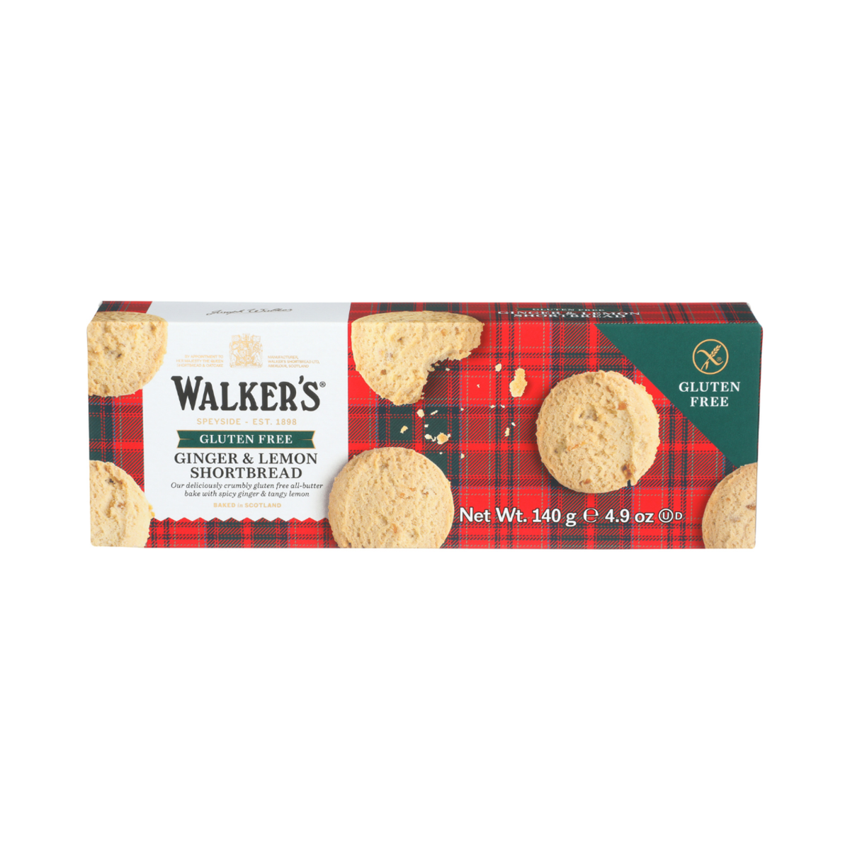 Box of Walker's Ginger & Lemon Shortbread gluten free cookies with plaid design on a white background