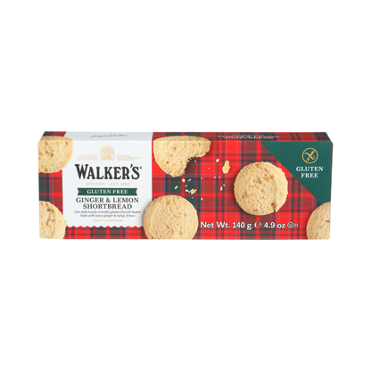 Box of Walker's Ginger & Lemon Shortbread gluten free cookies with plaid design on a white background