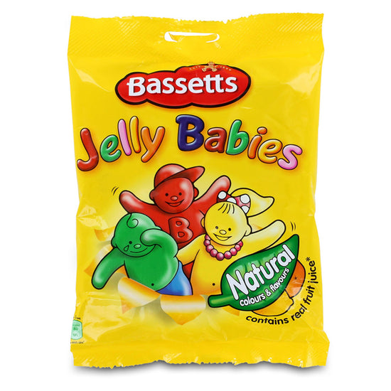 A yellow bag of Bassetts Jelly Babies candy