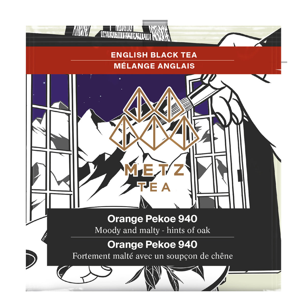 Individually wrapped teabag for Metz English Black Tea Orange Pekoe 940 featuring an illustration of a hand using a paint brush and painting mountains.