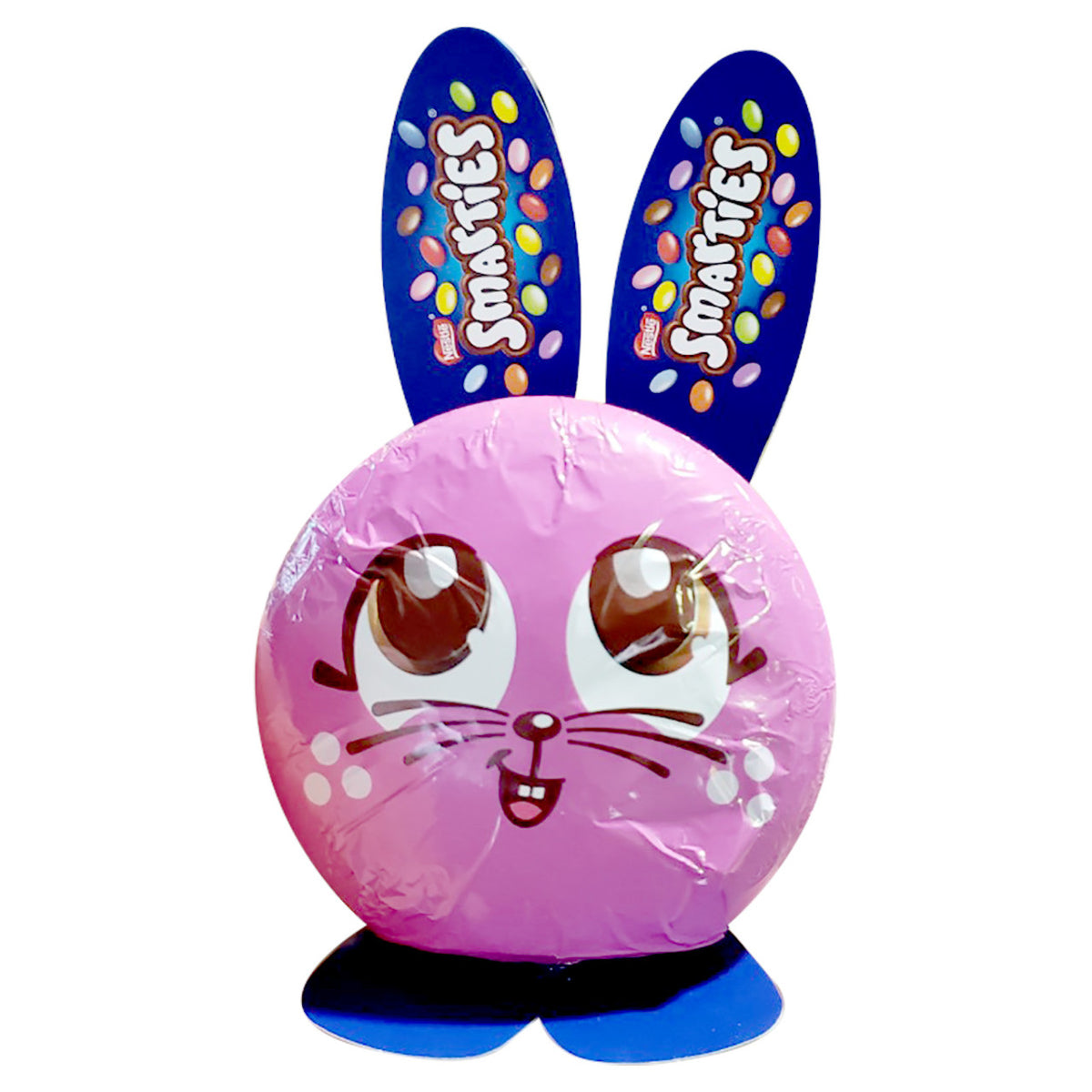 Candy package of chocolate smarties in shape of a bunny pink head with bunny ears