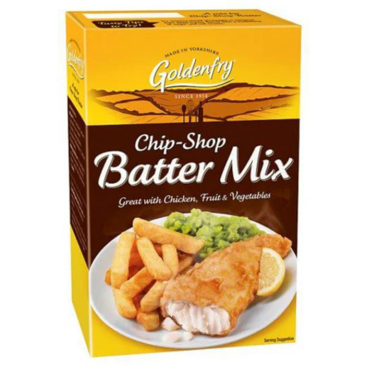 Box of Goldenfrey Chip-Shop Batter Mix with a plate of fish, chips, and mushy peas on the label.
