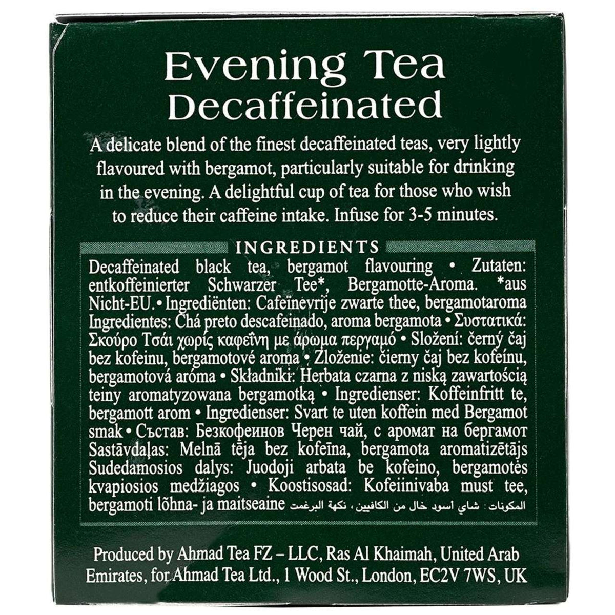 Side of a Box of Ahmad Tea London Evening Tea Decaffeinated on a white background featuring ingredients.