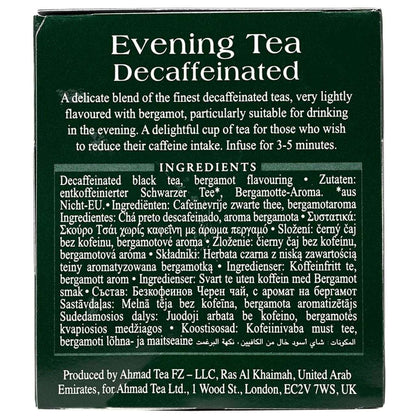 Side of a Box of Ahmad Tea London Evening Tea Decaffeinated on a white background featuring ingredients.