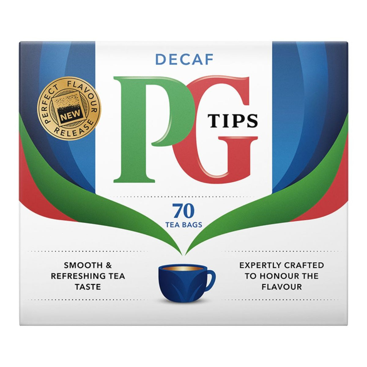 Box of PG Tips Decaf tea bags with colorful design and text.