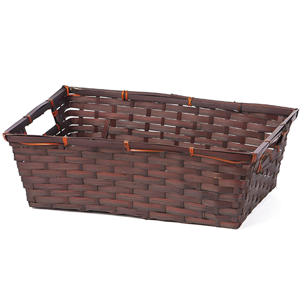 Brown woven basket with handles on a white background