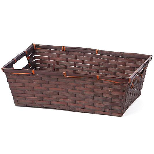 Brown woven basket with handles on a white background
