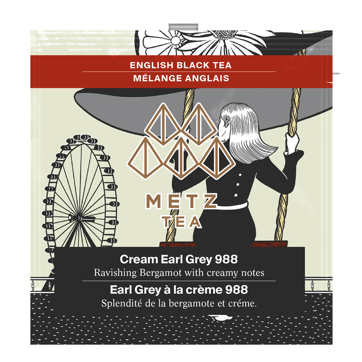 Tea package with illustration of a woman and Ferris wheel, featuring Metz Tea branding.