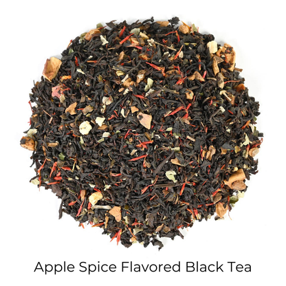 Apple Spice Flavored Black loose-leaf tea on a white background with product title text callout at bottom