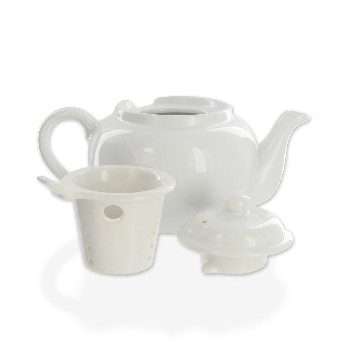 White ceramic teapot with matching infuser and lid on a white background