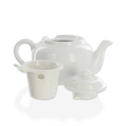 White ceramic teapot with matching infuser and lid on a white background