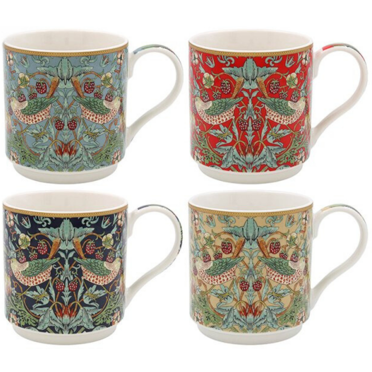 Set of four mugs with colorful patterned designs on a white background