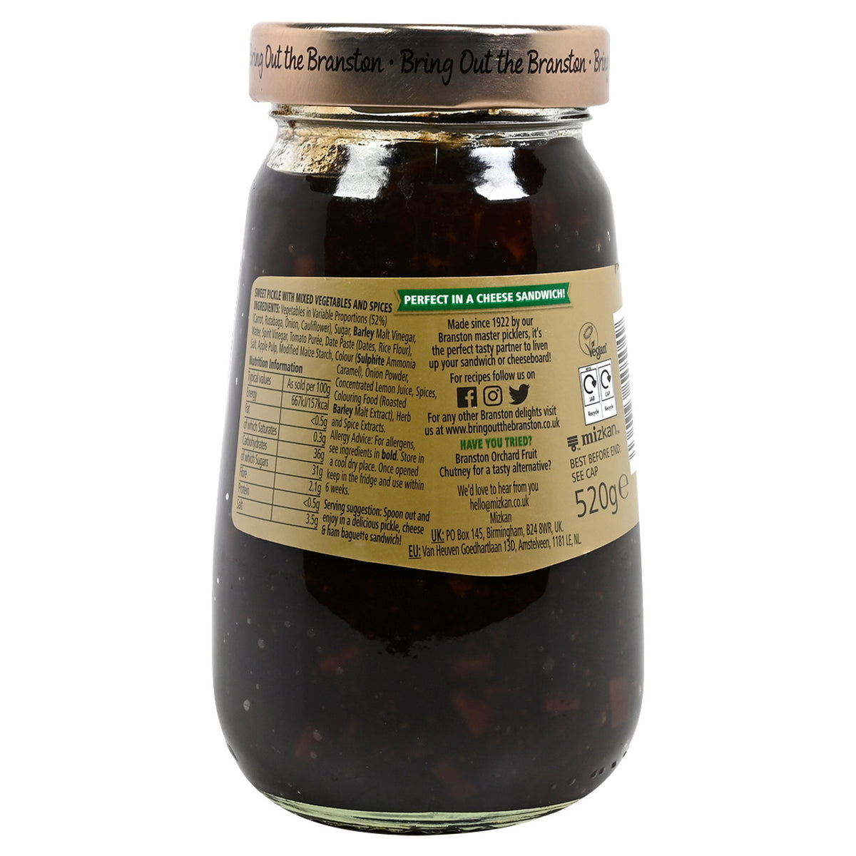 Back of a jar of Branston Original Pickle with visible label on a white background