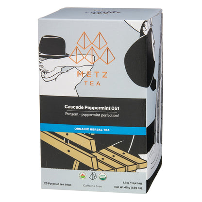 Box of Metz Tea Cascade Peppermint 051 on a white background