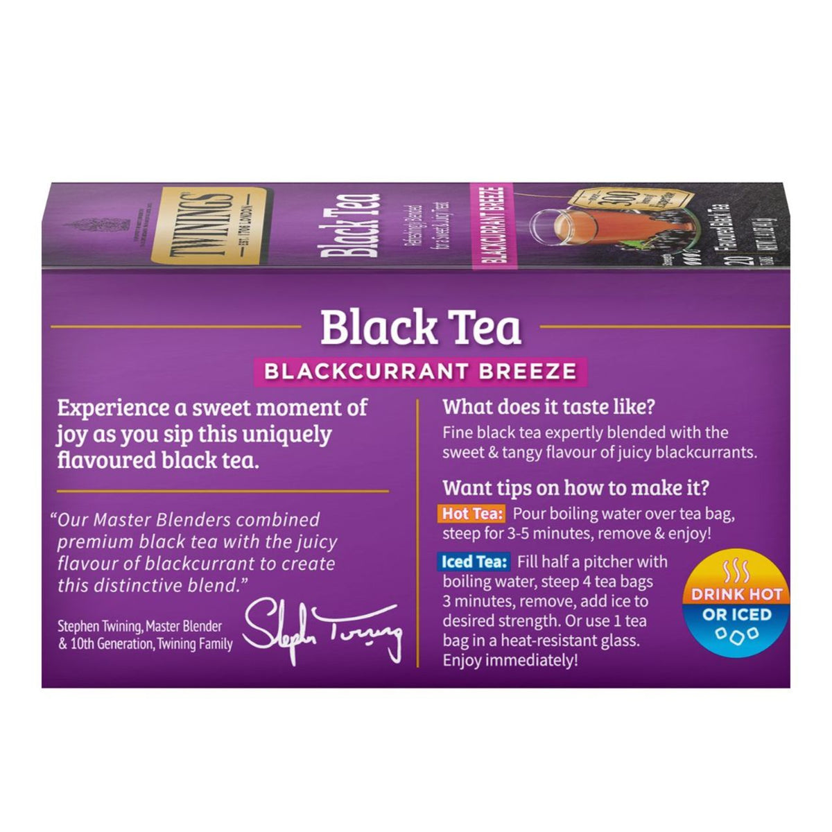 Purple box package of Twinings Black Tea Blackcurrant Breeze on a white background