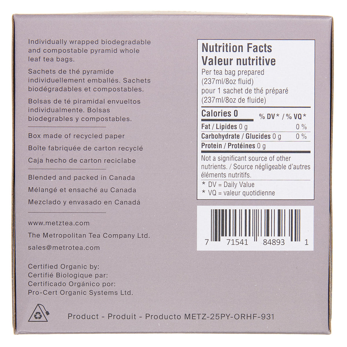 Back of a tea box with nutrition facts label and product details.