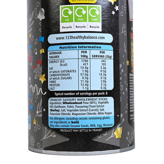 Back side of a Canister of Jacobs Mini Twiglets on a white background