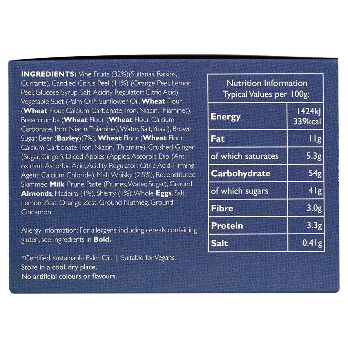 Side of a box of Cole's English Privilege Christmas Pudding with nutrition facts and ingredients.

