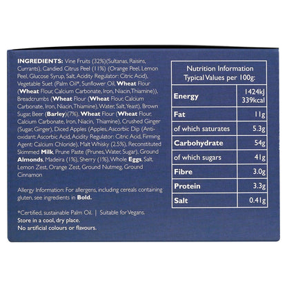 Side of a box of Cole's English Privilege Christmas Pudding with nutrition facts and ingredients.

