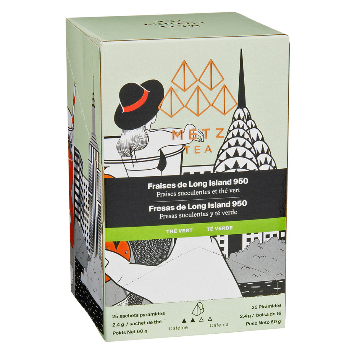 A box of Metz Long Island 950 Strawberry Green tea featuring a drawing of a woman in a hat looking at the top of the Empire State Building.