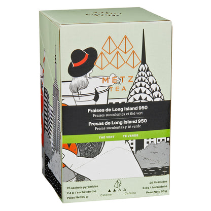 A box of Metz Long Island 950 Strawberry Green tea featuring a drawing of a woman in a hat looking at the top of the Empire State Building.