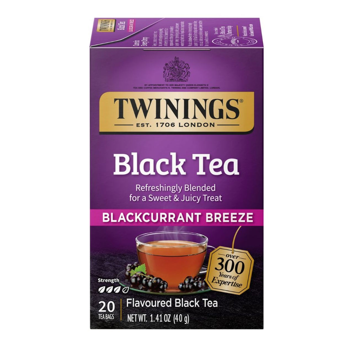 Purple box of Twinings Blackcurrant Breeze black tea on a white background